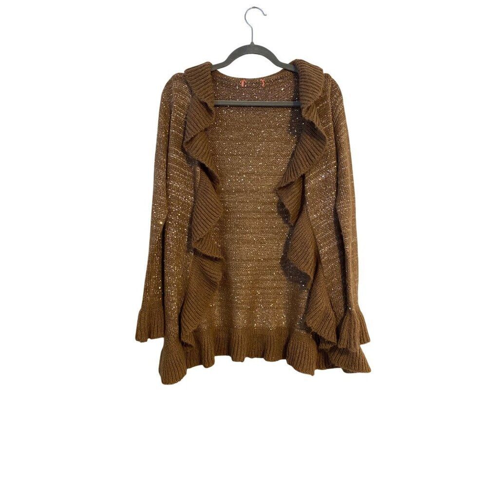 Unbranded Cardigan Women’s One Size Brown Open-Front Ruffle Sequin Sweater Glam